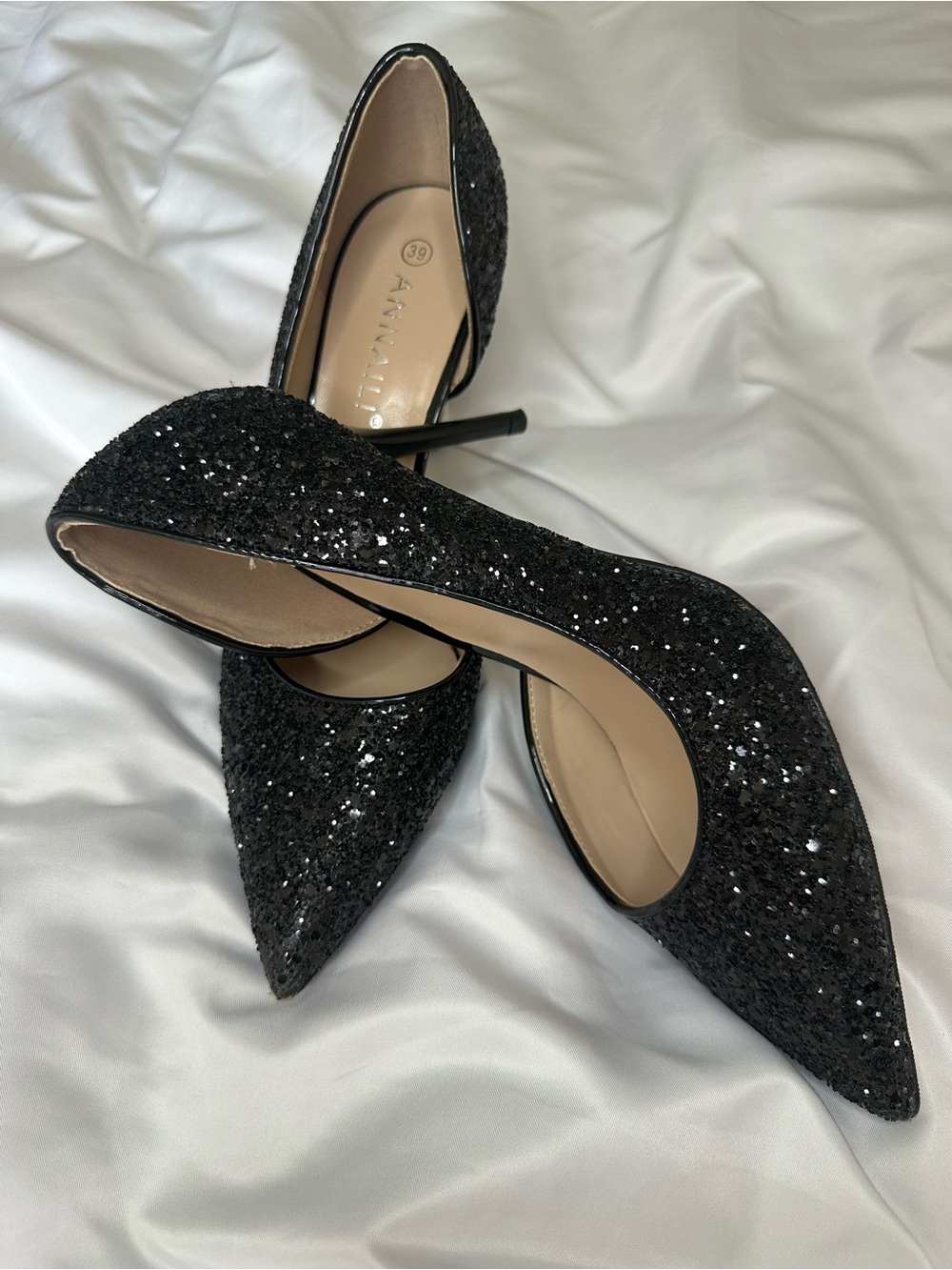ANNAILI Black Glitter D’Orsay Pointed Toe Stiletto Heels EU 39